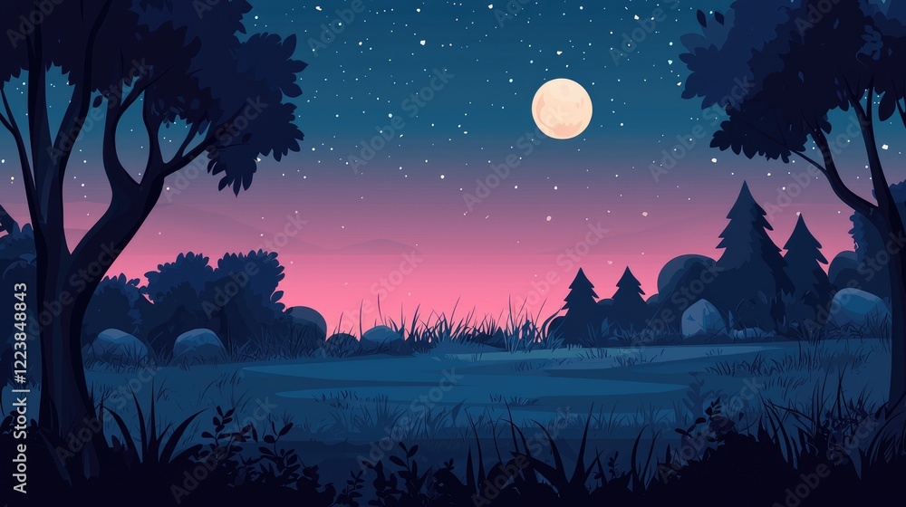 Naklejka premium Nighttime Forest with Full Moon and Starry Sky