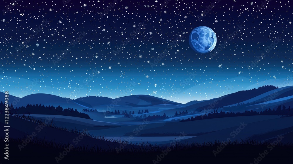 Fototapeta premium Night Sky with Stars, Moon, and Silhouette of Rolling Hills