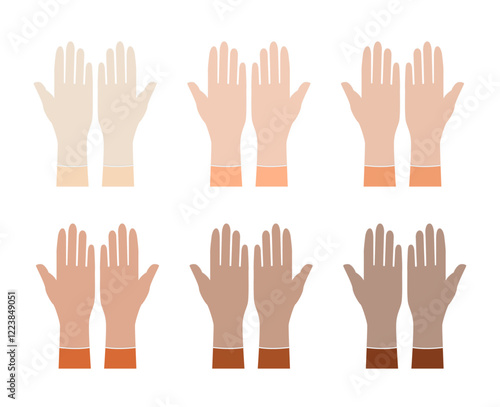 Set of rubber Gloves on different nationalities hands accessory clothing technical illustration garment. Vector front palm back view for Men, women, unisex flat template mockup cartoon style