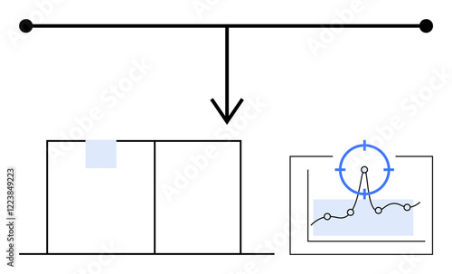 Flow diagram with arrow pointing to organized boxes and a graph with a target symbol. Ideal for data processing, organization, analysis, strategy, research, planning, abstract line flat metaphor