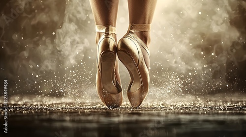 and ethereal representation of golden ballet slippers gently placed in a radiant glowing setting evoking the elegance discipline and movement of professional dancers on International Dance Day