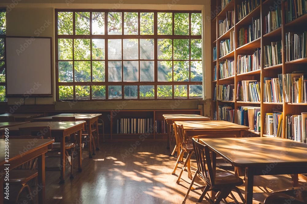 Serene classroom with sunlight streaming through large windows, highlighting empty wooden desks and bookshelves Serene classroom with sunlight streaming through large windows, highlighting empty wooden desks and bookshelves