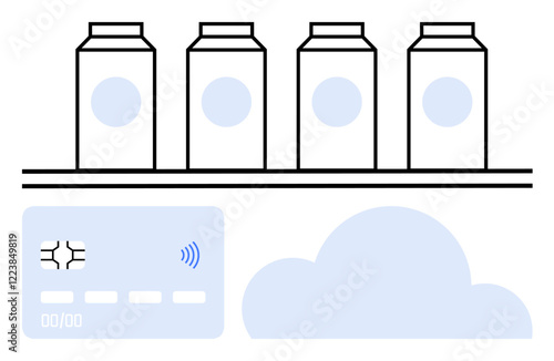 Milk cartons on shelf represent products, paired with credit card and cloud for contactless payment, storage, or data. Ideal for retail, fintech, shopping, IoT, technology logistics abstract line