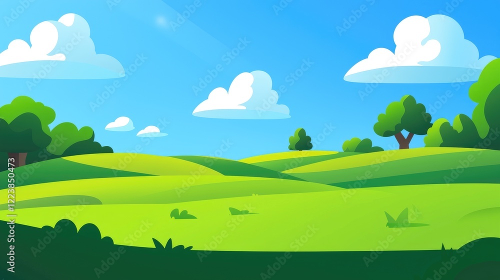 Cartoon illustration of a green field with trees and clouds against a blue sky Cartoon illustration of a green field with trees and clouds against a blue sky