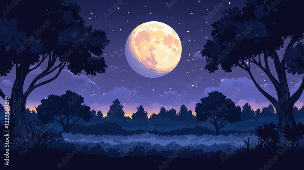 Naklejka premium A Full Moon Over a Silhouetted Forest at Night