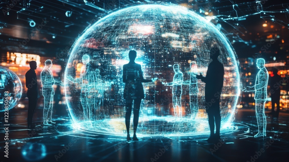 Translucent figures engaged in virtual meetings within a transparent sphere depicted through glowing gestures that convey interaction and collaboration. Translucent figures engaged in virtual meetings within a transparent sphere depicted through glowing gestures that convey interaction and collaboration.