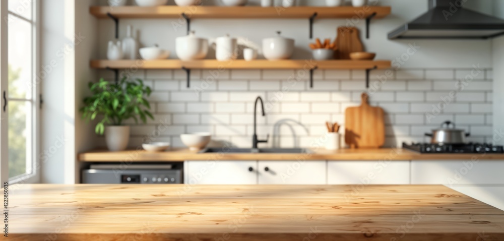 Empty wooden tabletop in modern kitchen interior. Blurred background shows white brick wall, wooden shelves with kitchen utensils, dishes. Sunlight streams in through window. Bright, clean space. Empty wooden tabletop in modern kitchen interior. Blurred background shows white brick wall, wooden shelves with kitchen utensils, dishes. Sunlight streams in through window. Bright, clean space.