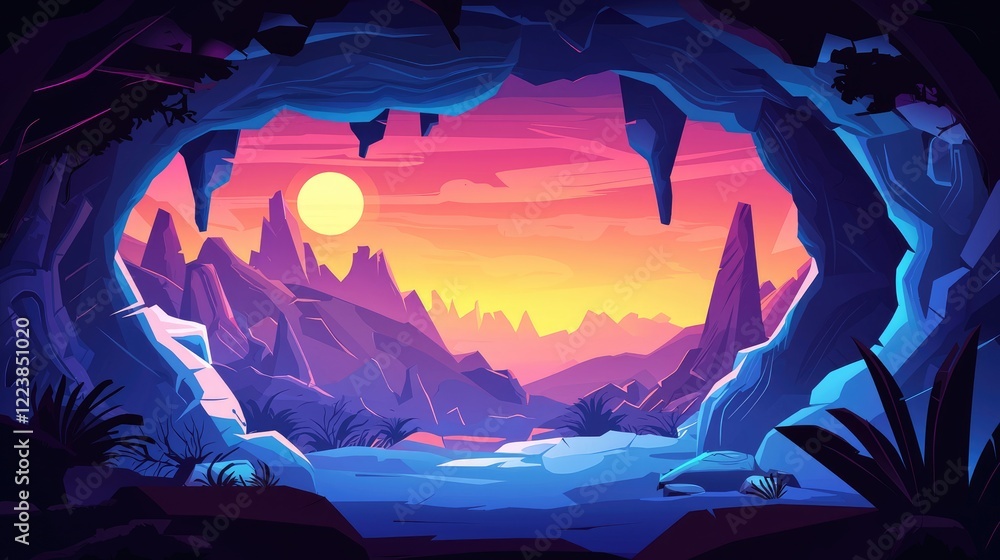 Fototapeta premium A View of a Mountainous Landscape Through a Cave Opening