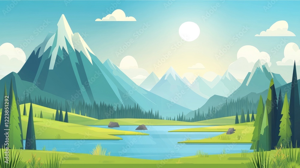 Naklejka premium Serene Mountain Landscape with River and Forest