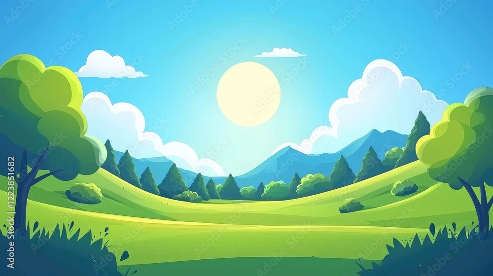 Obraz premium A Cartoon Landscape with Blue Mountains, Green Trees, and a Bright Sun