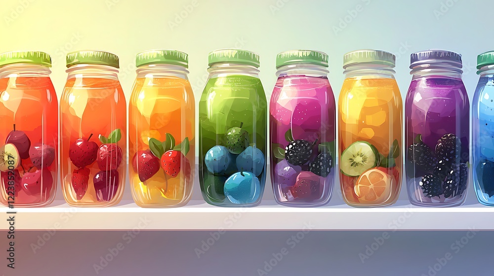 Colorful Fruit Infused Water Jars on a Shelf Colorful Fruit Infused Water Jars on a Shelf