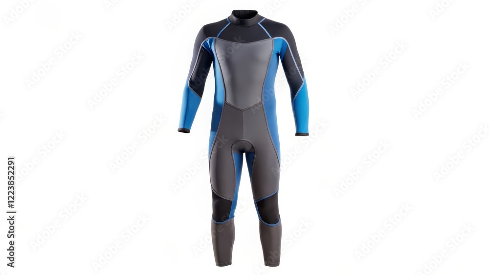 Full-Body Wetsuit, Gray and Blue, Front View Full-Body Wetsuit, Gray and Blue, Front View