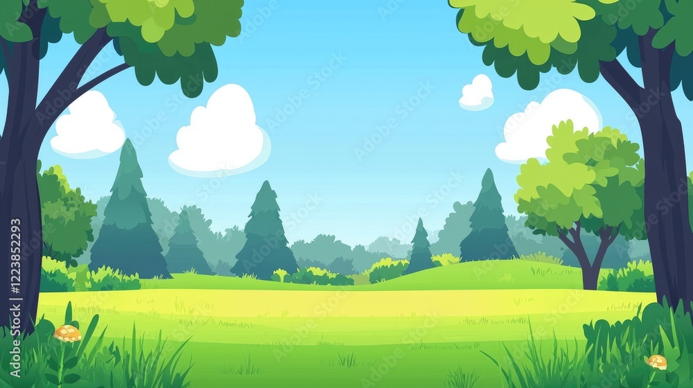 A Sunny Meadow with Lush Trees and a Blue Sky