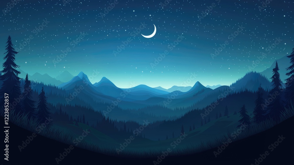 Obraz premium Nighttime Landscape with Crescent Moon and Starry Sky Over Silhouetted Mountains and Trees