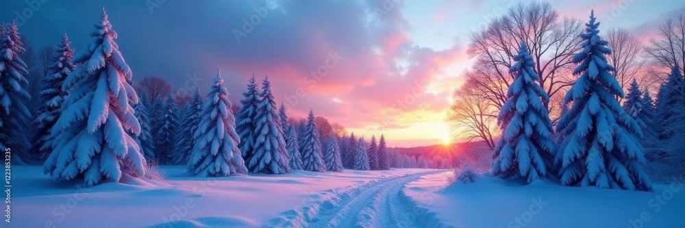 Snowy forest at dusk with bare trees against a bright blue sky, icy landscape, trees Snowy forest at dusk with bare trees against a bright blue sky, icy landscape, trees