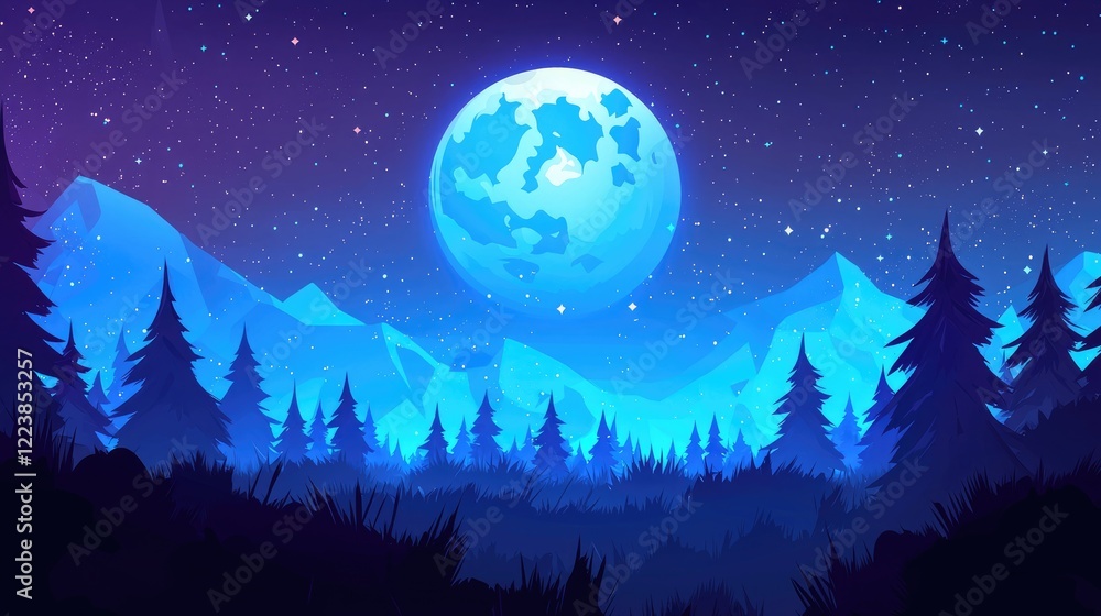 Fototapeta premium A Full Moon Shining Over A Silhouetted Forest Against A Starry Night Sky