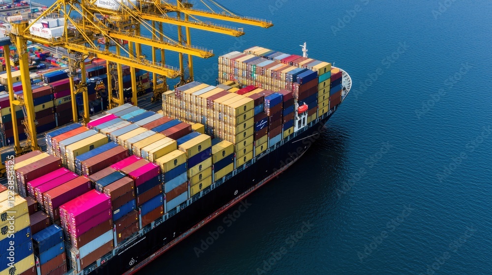 Container ship loading at harbor, cargo handling, global trade, ocean freight, aerial view