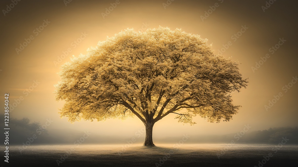 Golden sunrise tree, misty field, tranquil landscape, nature peace Golden sunrise tree, misty field, tranquil landscape, nature peace