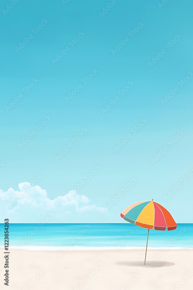Colorful Umbrella on a Serene Beach with Clear Sky Colorful Umbrella on a Serene Beach with Clear Sky