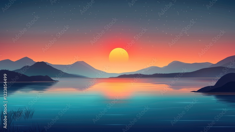 Sunset Over a Tranquil Lake with Silhouetted Mountains and a Starry Sky Sunset Over a Tranquil Lake with Silhouetted Mountains and a Starry Sky