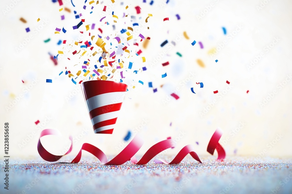 Obraz premium Cartoon firecracker bursting with confetti and ribbons creates a festive atmosphere for celebrations and birthday parties in faded colors