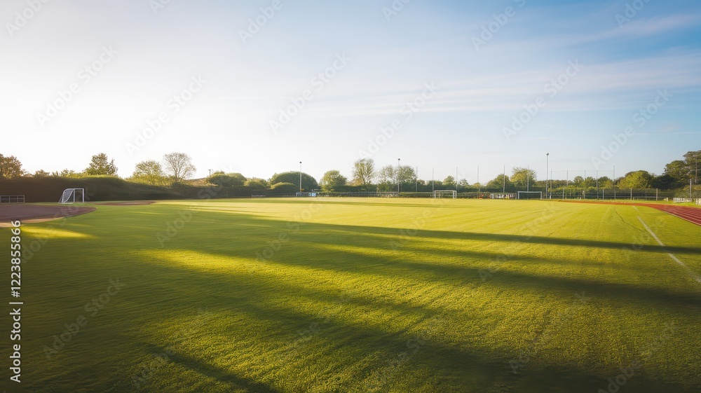Obraz premium A pristine football field bathed in morning sunlight, showcasing vibrant green grass and long shadows, perfect for outdoor sports activities.