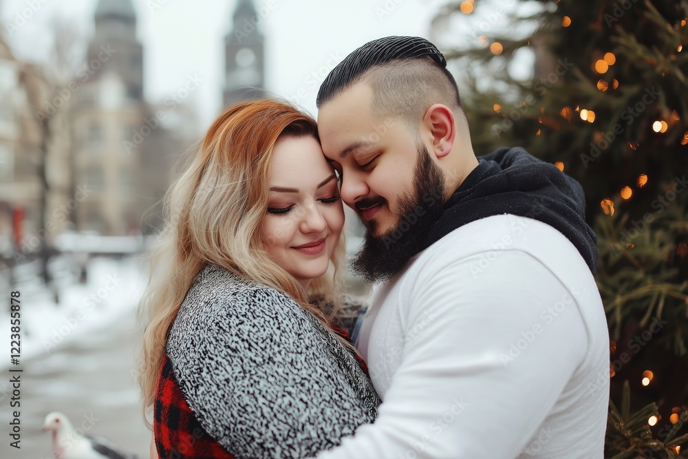 Fototapeta premium Romantic day in Amsterdam main square with diverse couple sharing a moment