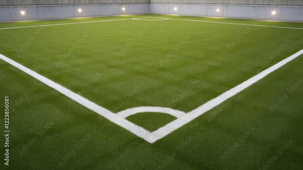 Fototapeta premium A vibrant, well-maintained artificial turf soccer field, showcasing crisp white lines against a lush green surface, inviting play and competition.