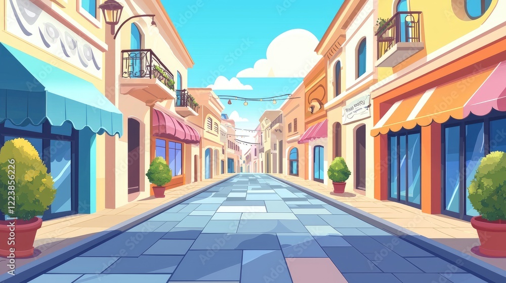 Obraz premium A charming cobblestone street lined with colorful buildings and shops on a sunny day.