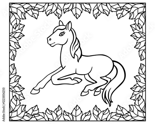 Foal. Horse Symbol 2026 according to Chinese horoscope. Little horse in a frame of leaves - a vector linear picture for coloring. Outline. Baby horse for children's coloring book.	