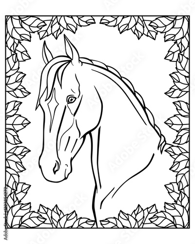 Horse Symbol 2026 according to Chinese horoscope. Portrait of a graceful Akhal-Teke horse in a frame of leaves - vector linear picture for coloring. Outline. Horse head for coloring book	