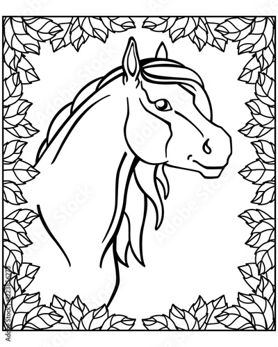 Beautiful long-maned horse in a frame of leaves - a vector linear picture for coloring. Outline. Portrait of a mare in a frame for a coloring book.	