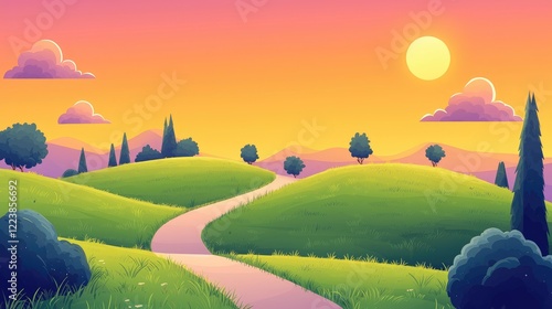 Winding Path Through Rolling Green Hills at Sunset