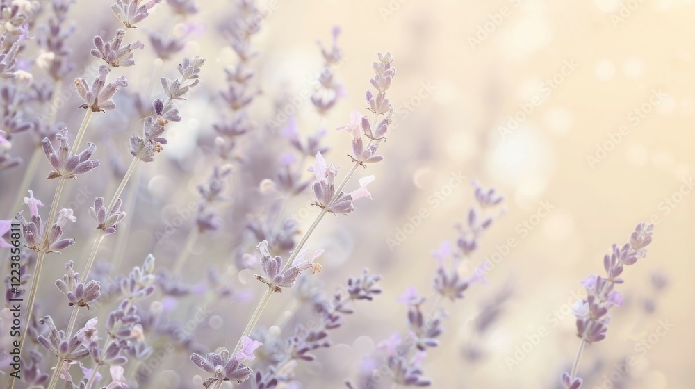 Obraz premium Beautiful Lavender Fields in Soft Focus with Delicate Blooms Under Gentle Light, Capturing the Serenity and Tranquility of Nature’s Wonders for Relaxation and Wellness Themes