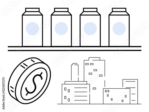 Skyscrapers, coin featuring a dollar sign, and cartons represent commerce, economy, retail, and consumption. Ideal for finance, investment, urban planning trade e-commerce retail abstract line