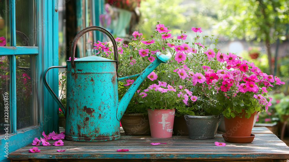 Rustic garden scene with vibrant blue watering can and pink flowers Rustic garden scene with vibrant blue watering can and pink flowers