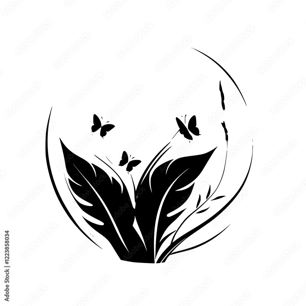 Fototapeta premium Elegant Black and White Floral Design: Butterflies and Leaves in Monochrome. A Stylish Botanical Illustration, Perfect for Minimalist Decor and Nature-Inspired Art.