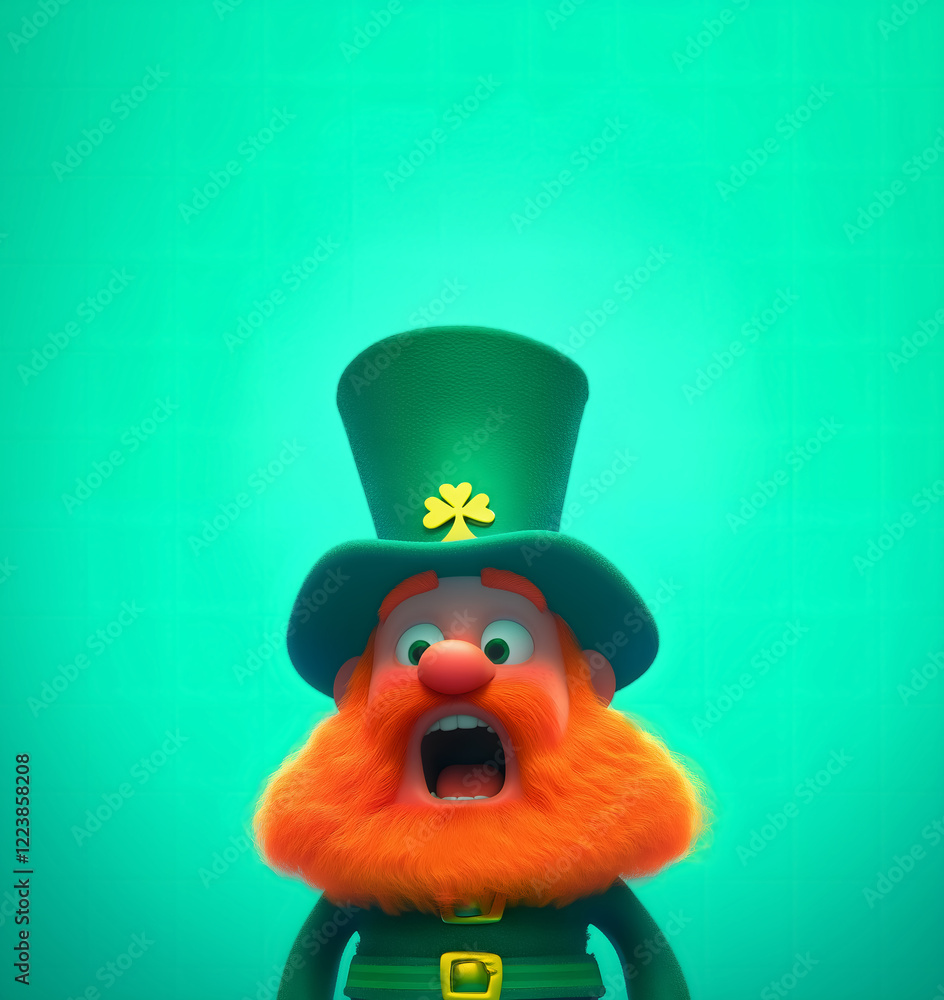 Fototapeta premium Funny 3D Leprechaun Portrait with Shocked Expression and Top Hat on Turquoise Background