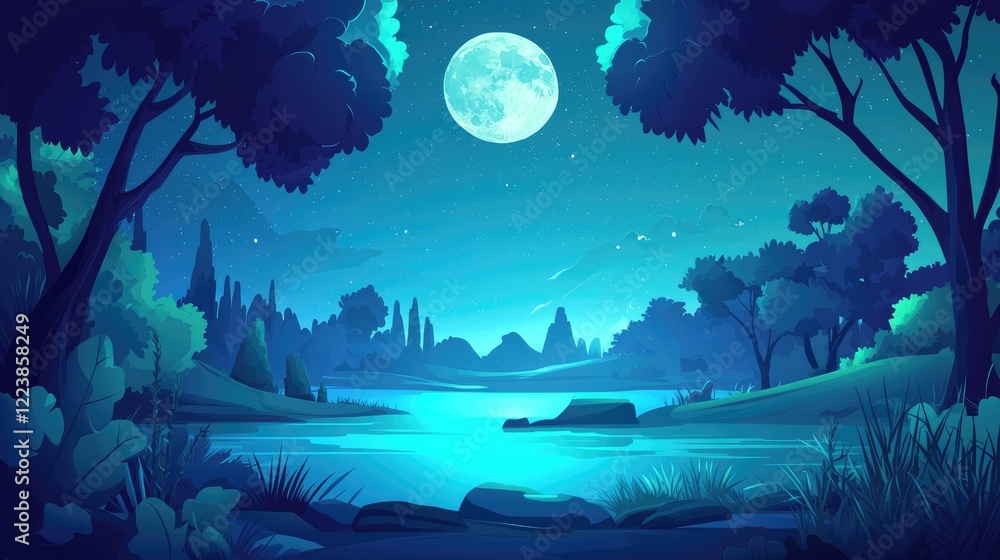 Obraz premium Nighttime Forest Landscape with Full Moon and River
