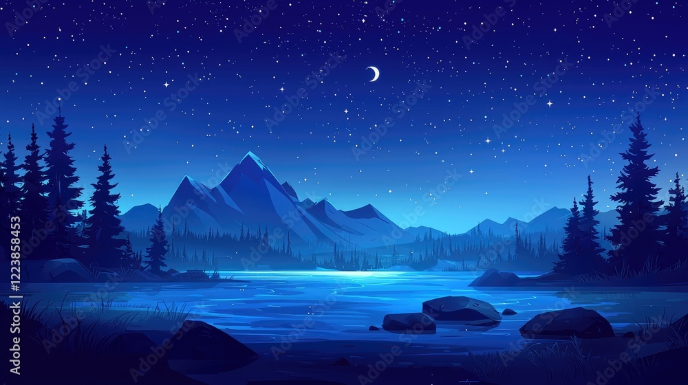 Fototapeta premium Nighttime Landscape with Mountains, a Crescent Moon, and a Lake
