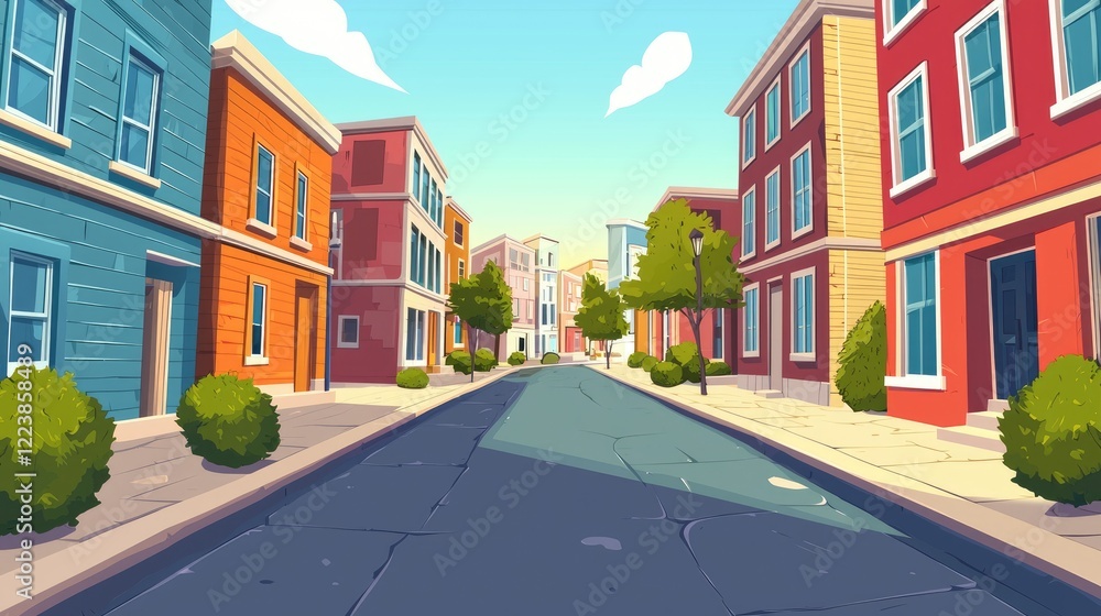 Fototapeta premium A picturesque street lined with colorful buildings and lush greenery.