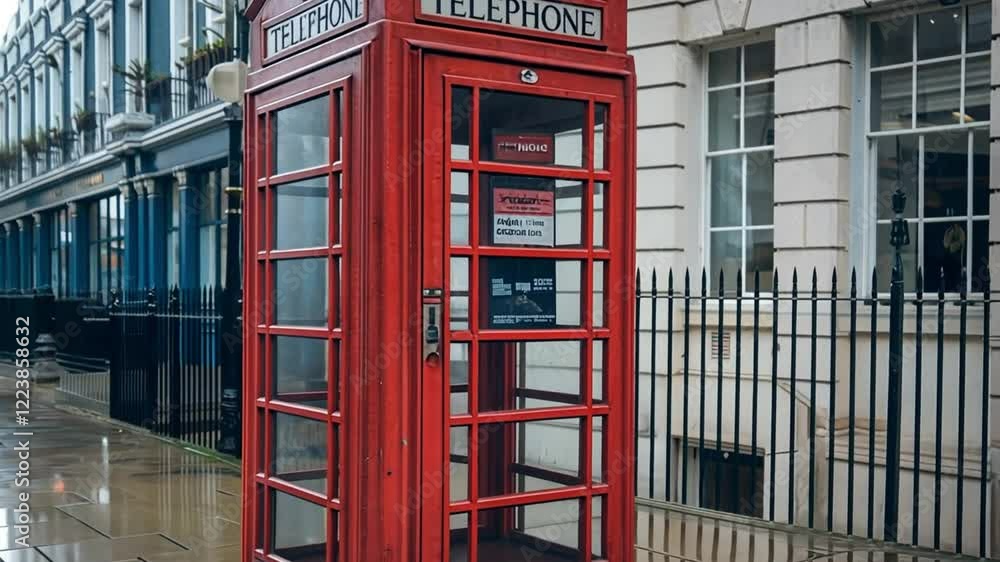 A classic British red telephone booth stands at a street corner, featuring glass panels, a domed roof, a 'TELEPHONE' sign, and a crown emblem. A classic British red telephone booth stands at a street corner, featuring glass panels, a domed roof, a 'TELEPHONE' sign, and a crown emblem.