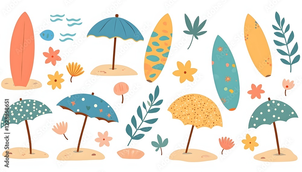 Summer Beach Scene With Umbrellas And Surfboards Summer Beach Scene With Umbrellas And Surfboards