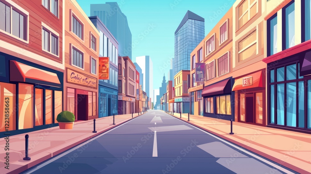 Empty City Street with Shops and Tall Buildings in the Background Empty City Street with Shops and Tall Buildings in the Background