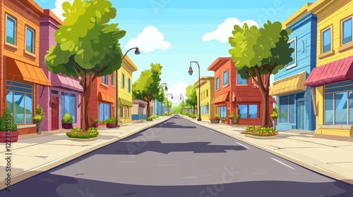 A Colorful Street Lined with Shops and Trees in a Cartoon Style