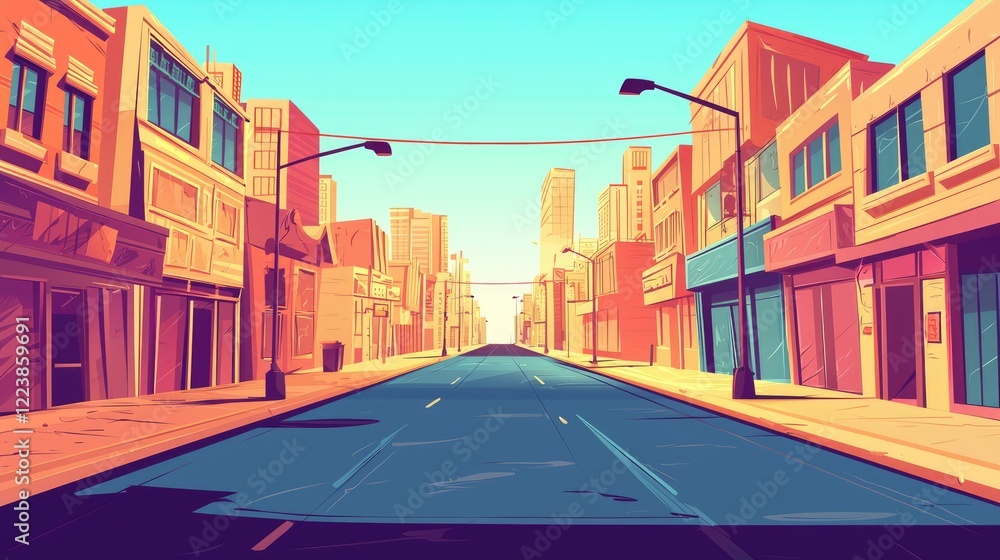 Fototapeta premium A deserted street lined with tall buildings and storefront windows