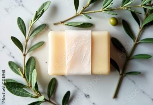 Wallpaper Mural Natural soap bar wrapped in light pink paper on marble table with olive branches. Elegant, rustic composition. Blank space for branding design. Suitable for wedding special occasions. Focus on Torontodigital.ca