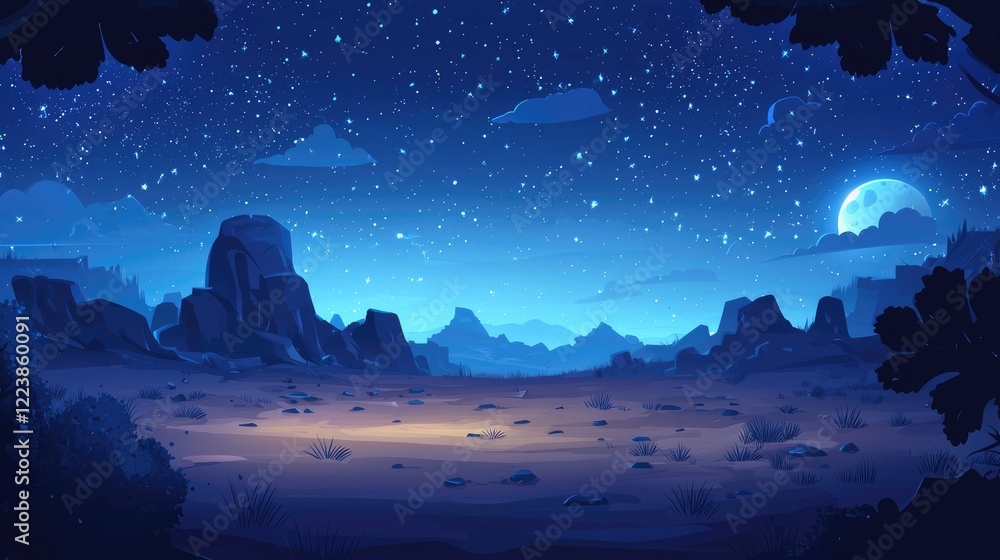 Naklejka premium Nighttime Landscape with Rocky Hills, a Full Moon, and a Starry Sky