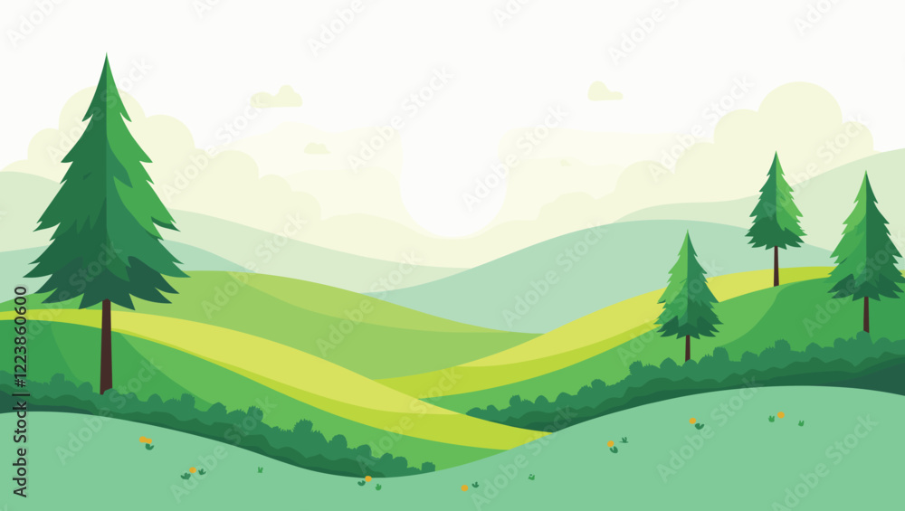 A tranquil 2D vector illustration of a scenic green landscape featuring rolling hills, pine trees, and a bright morning sun. Perfect for nature-themed designs and backgrounds A tranquil 2D vector illustration of a scenic green landscape featuring rolling hills, pine trees, and a bright morning sun. Perfect for nature-themed designs and backgrounds