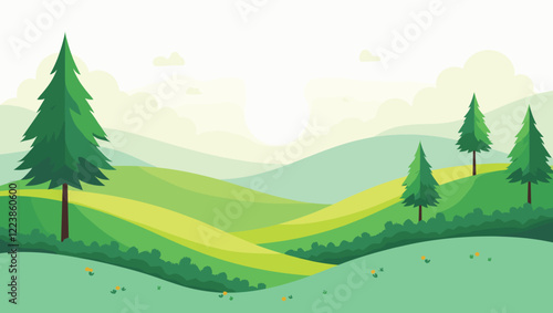 A tranquil 2D vector illustration of a scenic green landscape featuring rolling hills, pine trees, and a bright morning sun. Perfect for nature-themed designs and backgrounds
